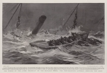 Das Wrack des Liners Mohegan auf den Manacle Rocks, das Rettungsboot von Porthoustock rettet die Besatzung